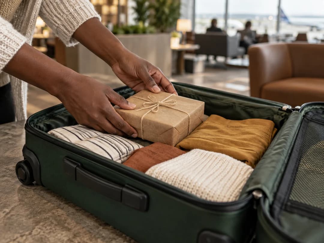 A parcel being carefully packed into a suitcase